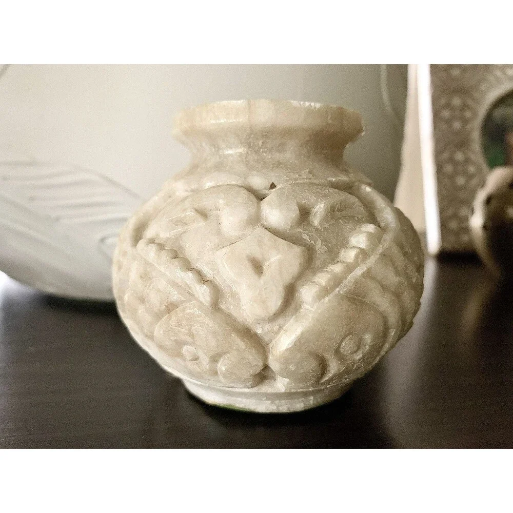 Vintage Chinese Hand Carved Soapstone Vase Double Koi Fish Motif Asian Decor